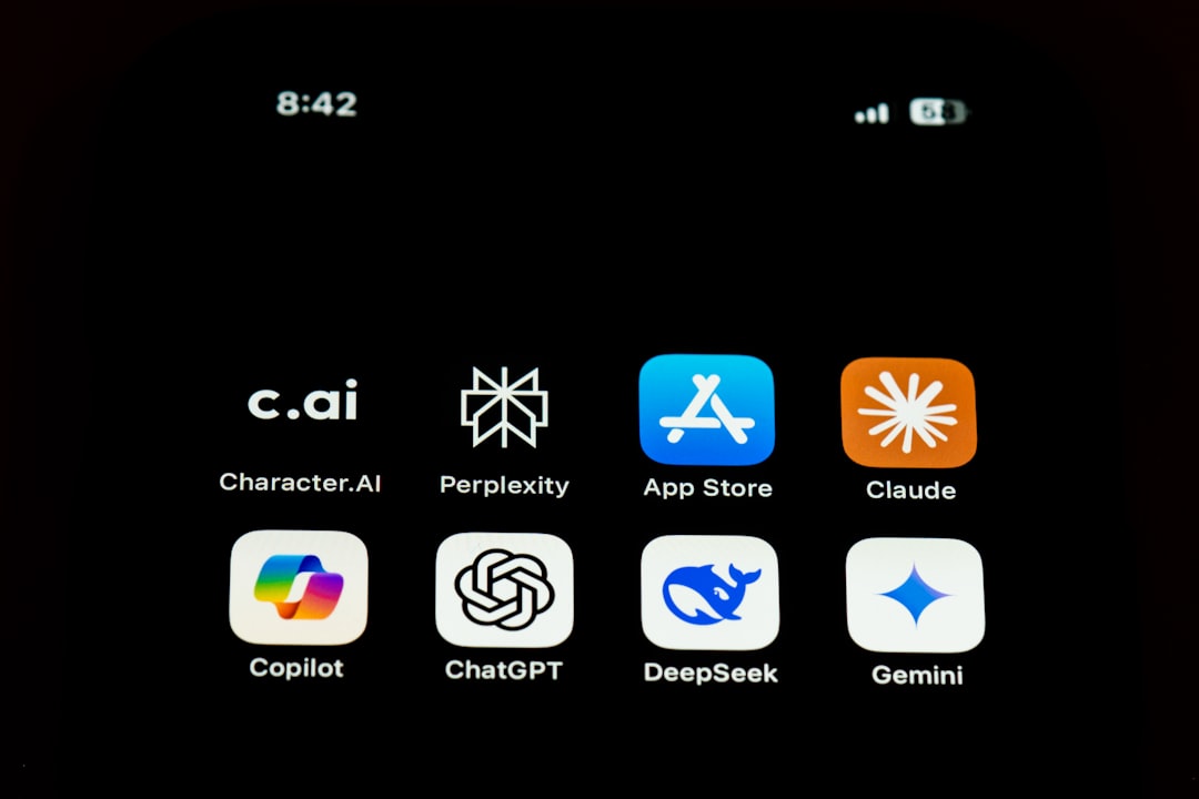 All famous AI chat apps like Character.AI, Perplexity, Claude, Copilot, Chat GPT, Deepseek, Gemini with Appstore icon on an iphone screen. by Make a Song A close up of a cell phone with icons on it