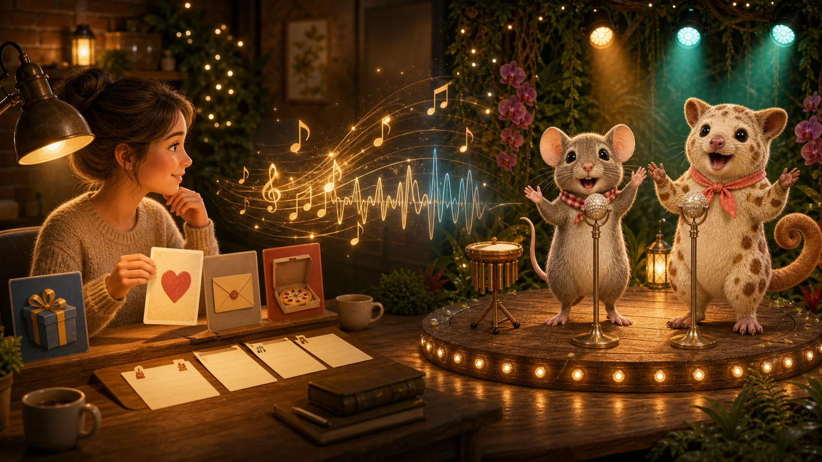 A sender chooses occasion details while Millie Crumbwhisk and Coco Cuscusong perform a personalized song greeting